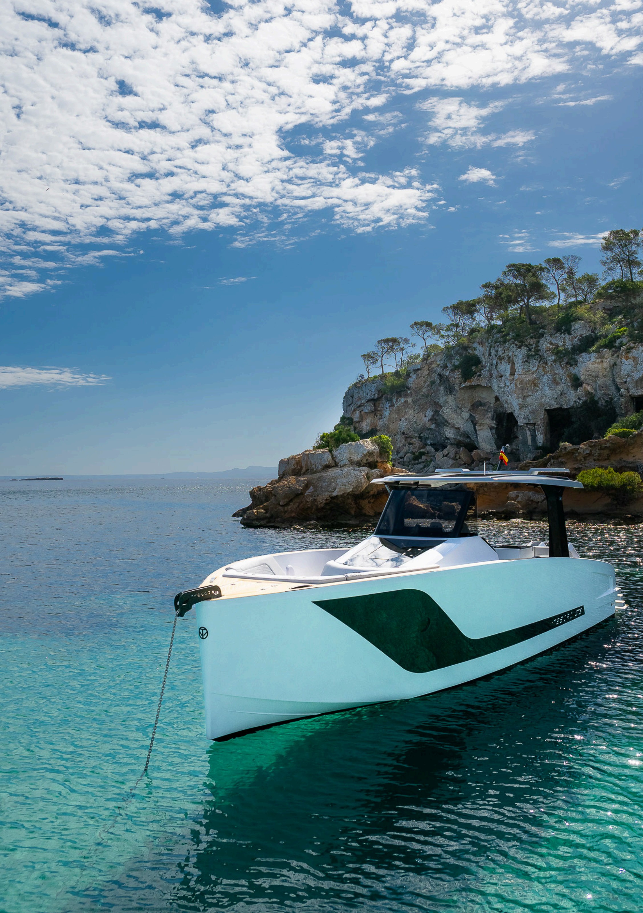 Tesoro T40 GTS New 2026 yacht charter in Mallorca — bow sunpads with views over the Balearic sea, from Puerto Portals.