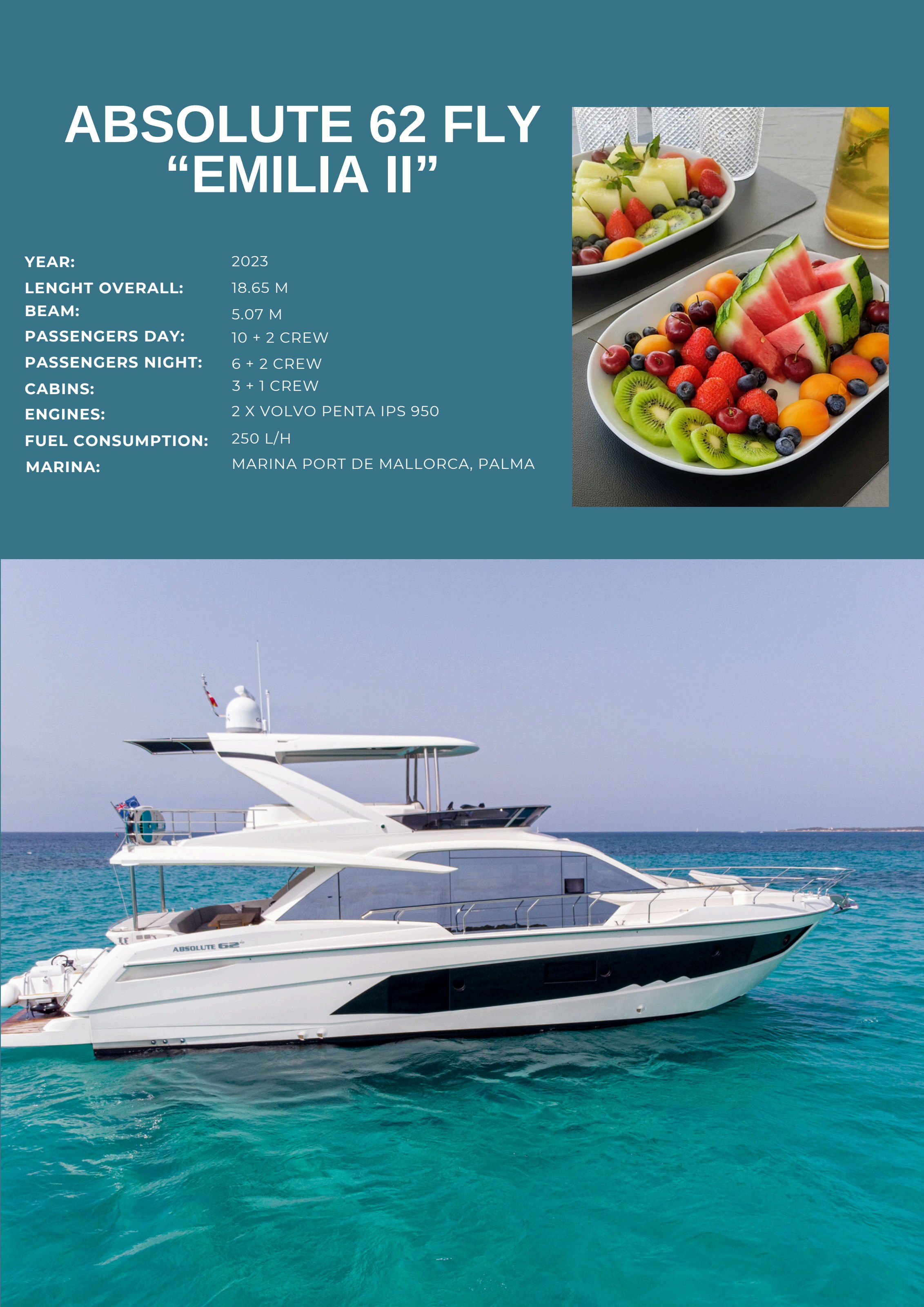 Absolute 62 Fly Emilia II yacht charter in Mallorca — helm station and interior details, from Marina Port de Mallorca, Palma.
