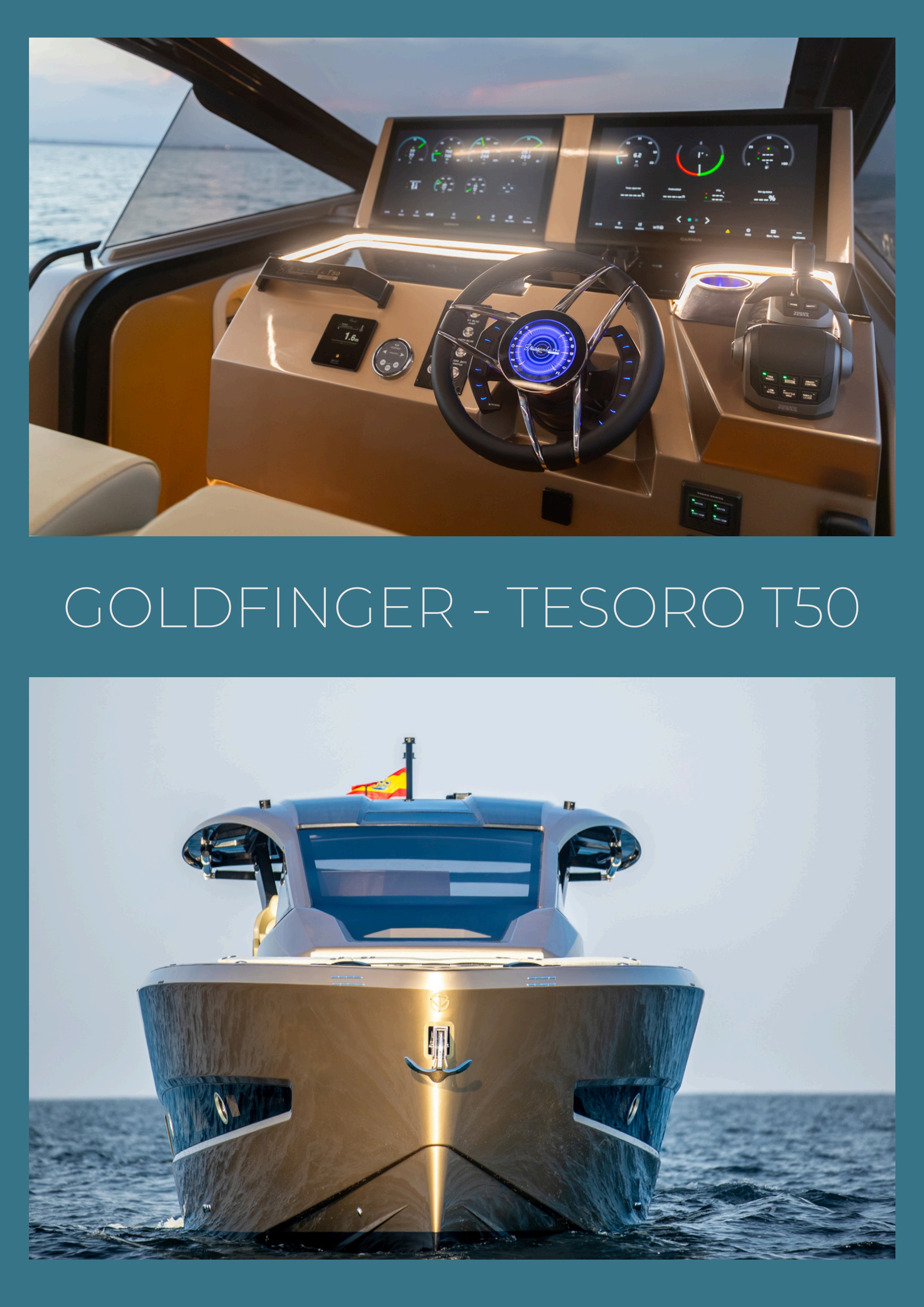 Tesoro T50 Speciale Goldfinger · Armani/Casa yacht charter in Mallorca — cockpit lounge shaded for long Mediterranean lunches, from Club de Mar, Palma.