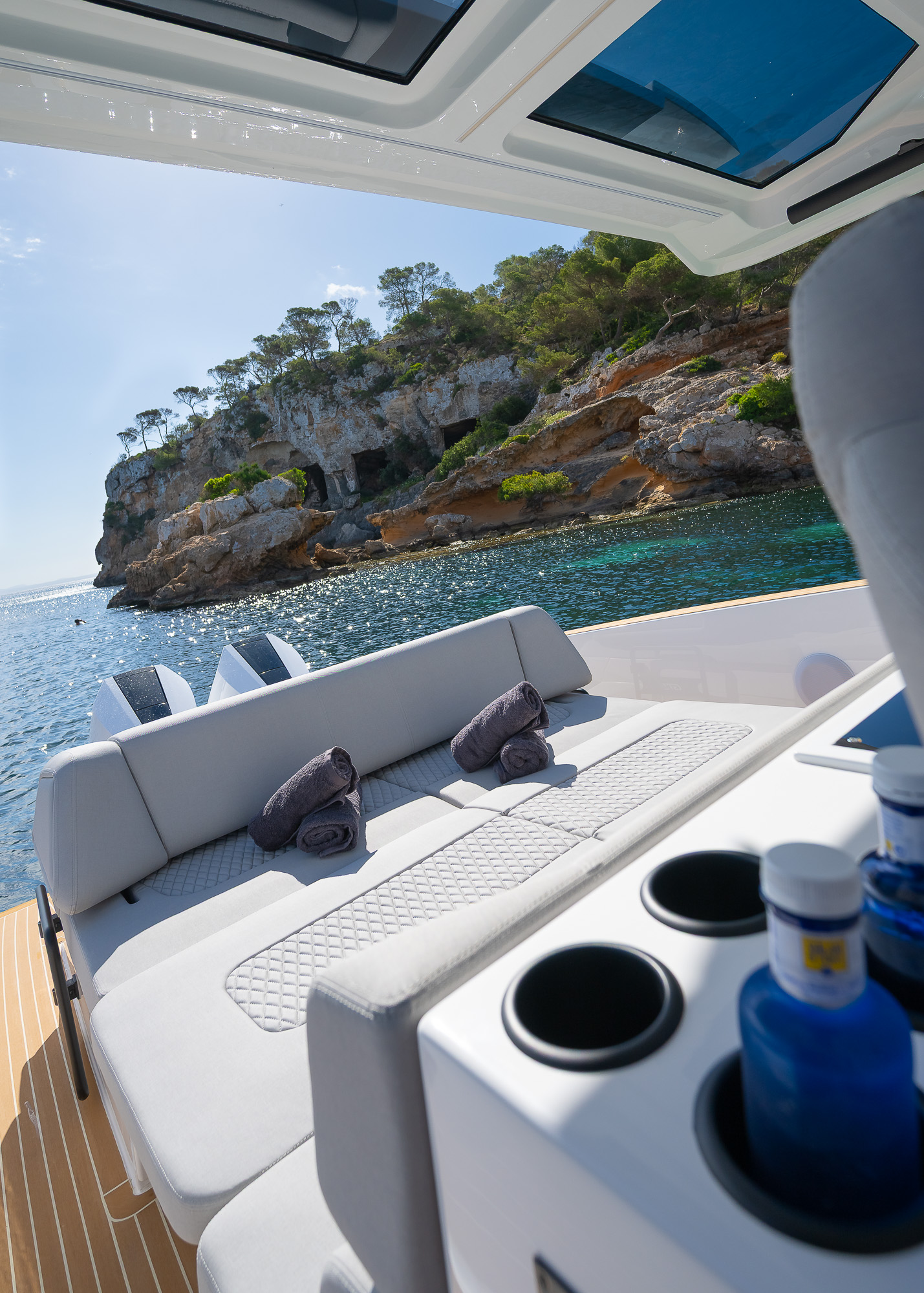 Tesoro T40 GTS New 2026 yacht charter in Mallorca — aft deck and swim platform ready for a day of swimming, from Puerto Portals.