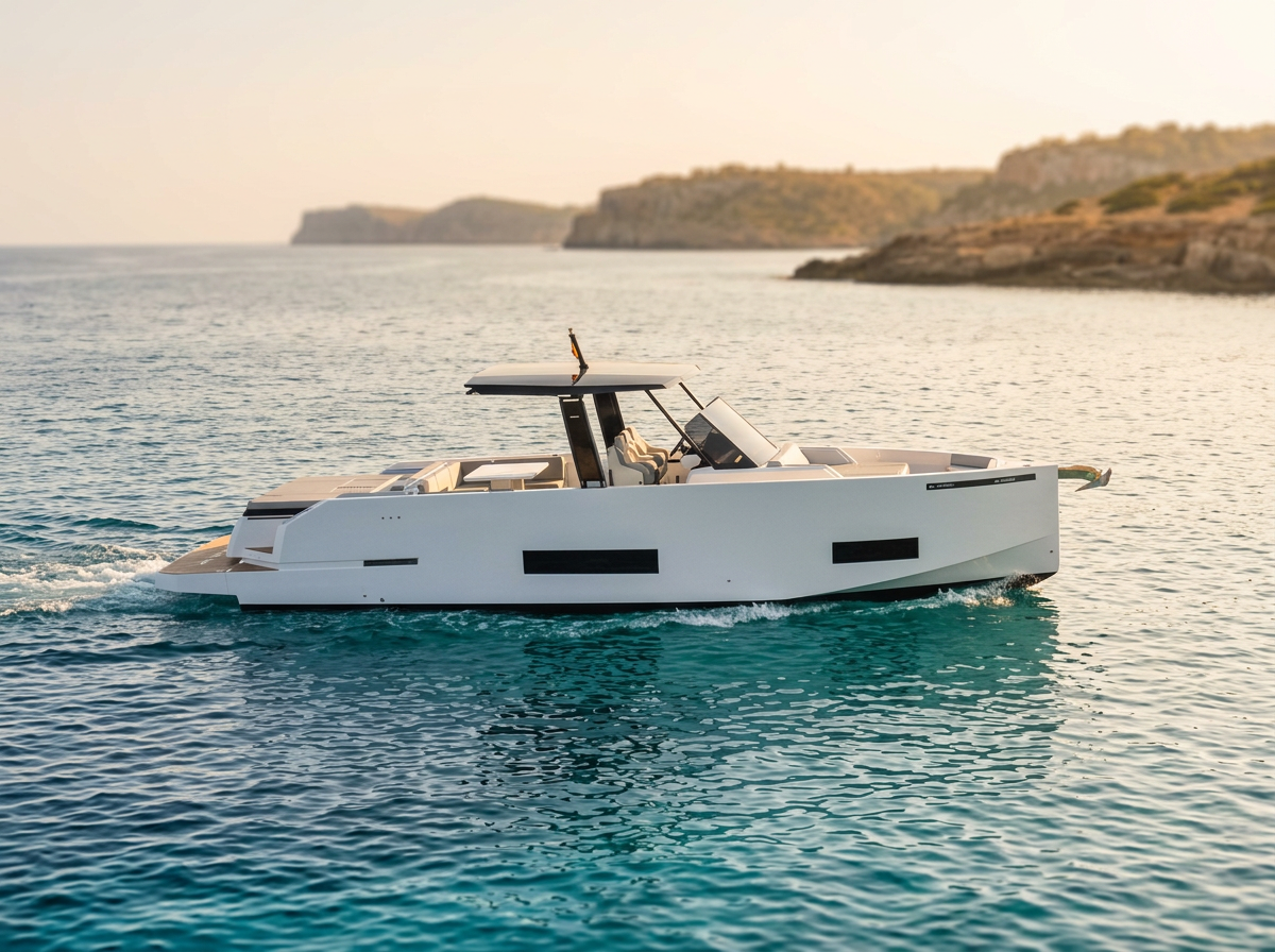 De Antonio D42 Open yacht charter in Mallorca — cruising the south-west coast of Mallorca on a sunlit afternoon, from Port Calanova.