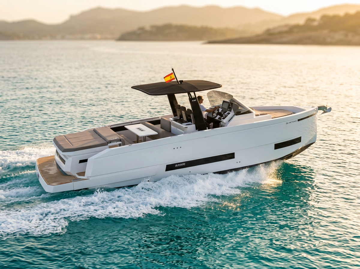 De Antonio D32 Open yacht charter in Mallorca — cruising the south-west coast of Mallorca on a sunlit afternoon, from Port Calanova.