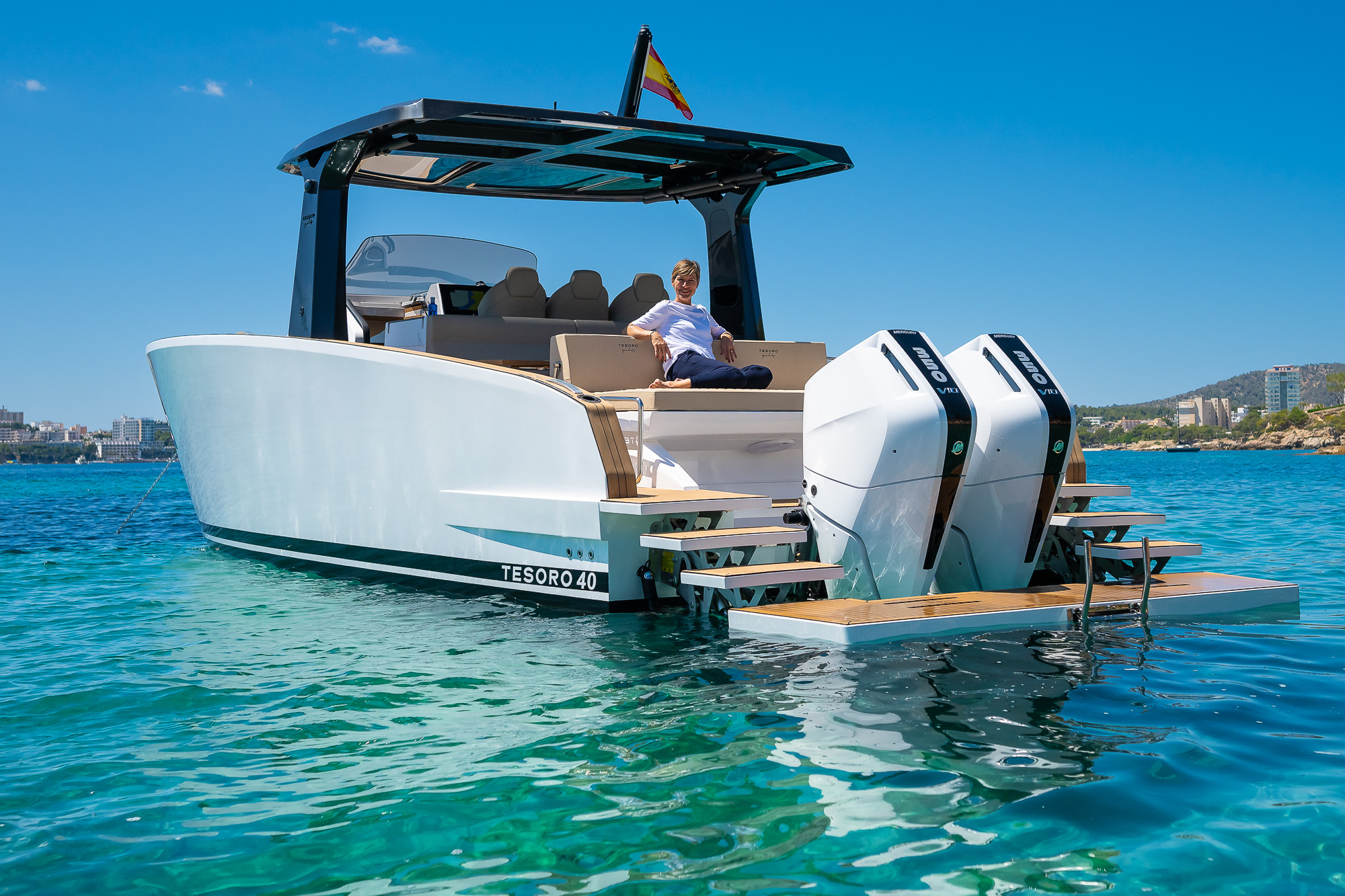 Tesoro T40 GTS New 2026 yacht charter in Mallorca — aft deck and swim platform ready for a day of swimming, from Puerto Portals.