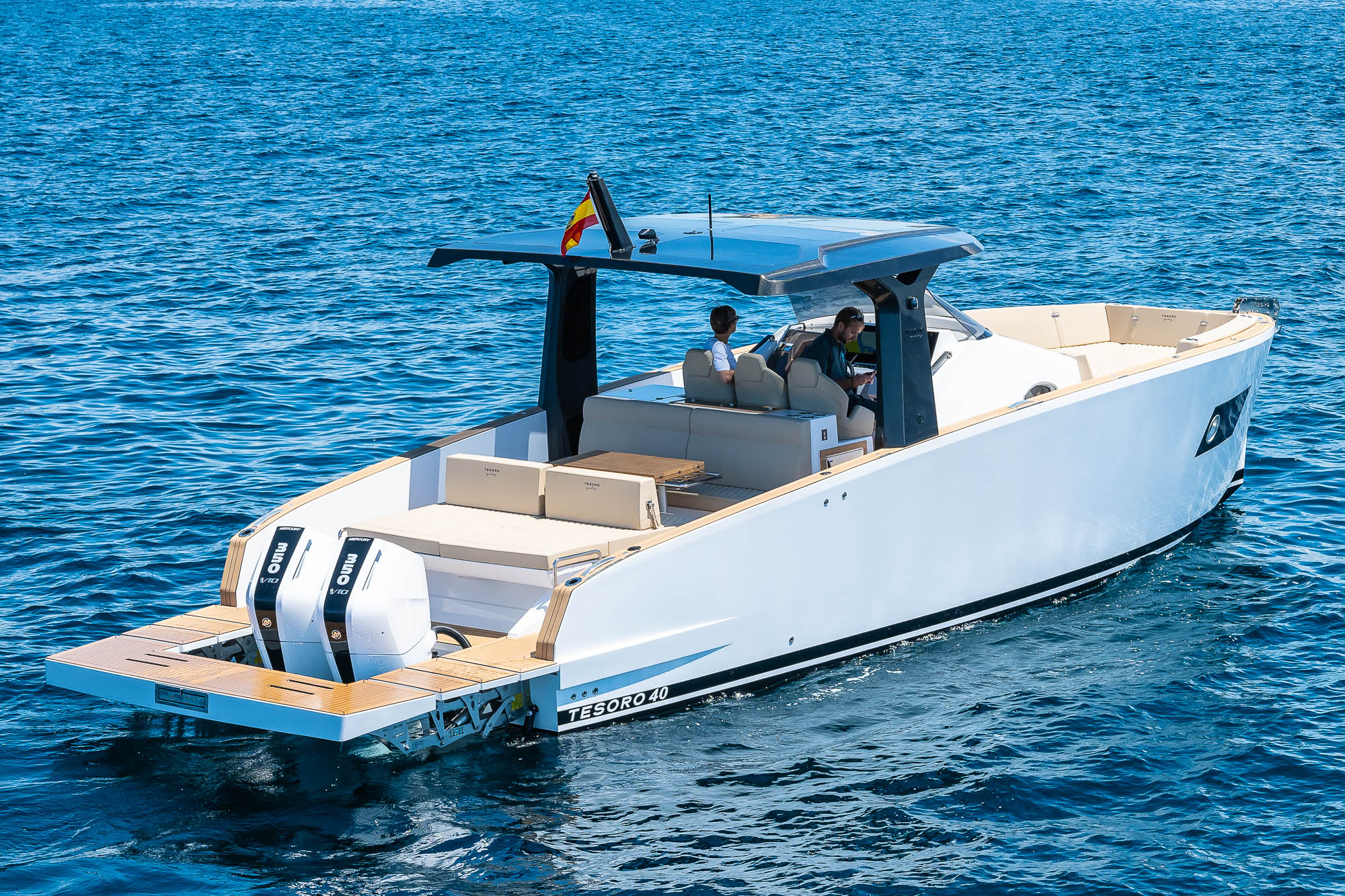 Tesoro T40 GTS New 2026 yacht charter in Mallorca — helm station and interior details, from Puerto Portals.