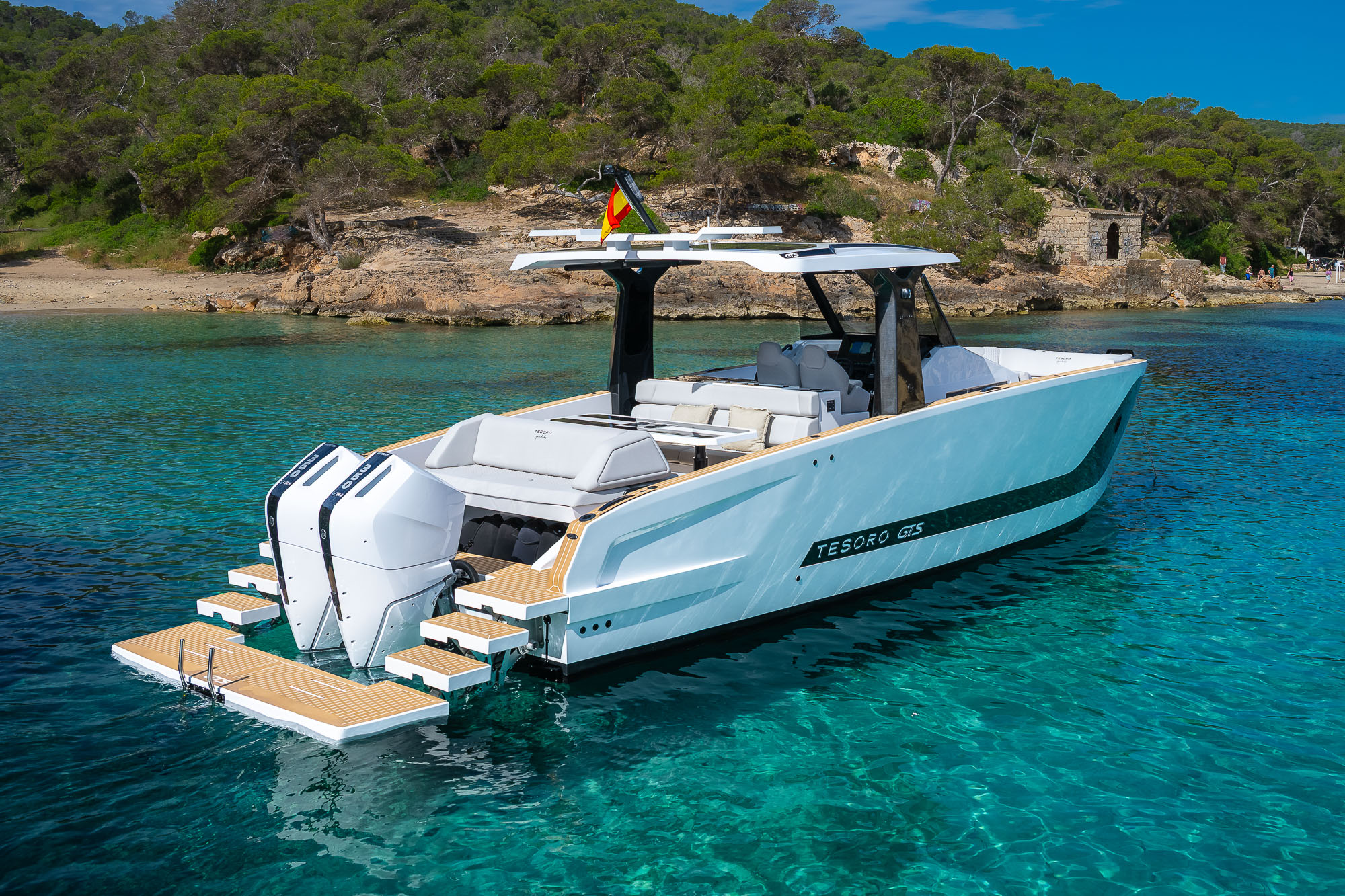 Tesoro T40 GTS New 2026 yacht charter in Mallorca — cruising the south-west coast of Mallorca on a sunlit afternoon, from Puerto Portals.