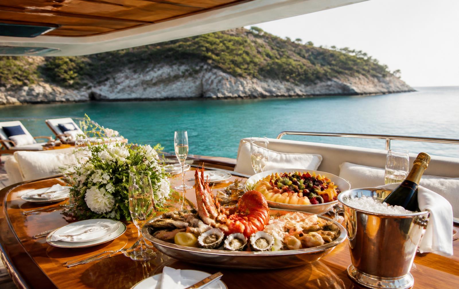 Curated onboard catering on a luxury yacht charter from Puerto Portals, Mallorca